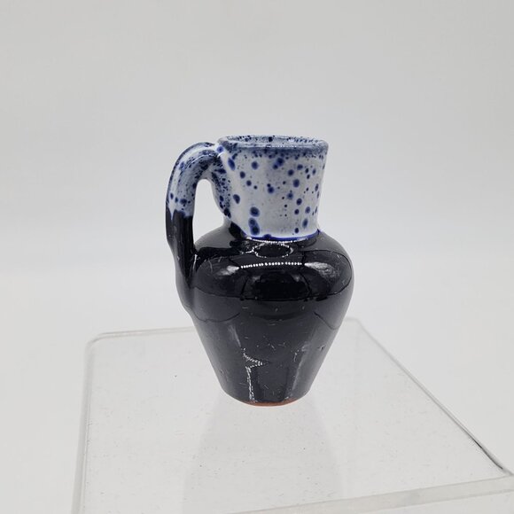 Miniature Black & Blue Speckled Ceramic Jug Vase With Handle 2.5" - Picture 4 of 7